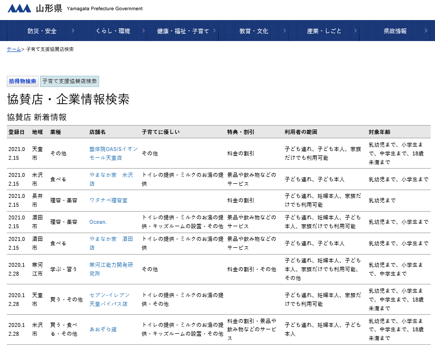 やまがた子育て応援パスポート-協賛店新着情報