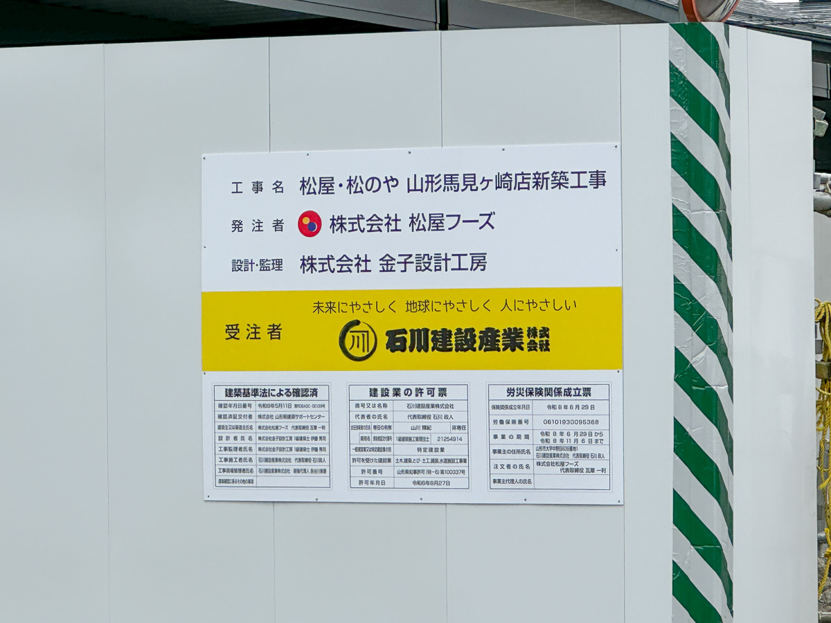 松屋と松のやの複合店オープンを知らせる工事看板