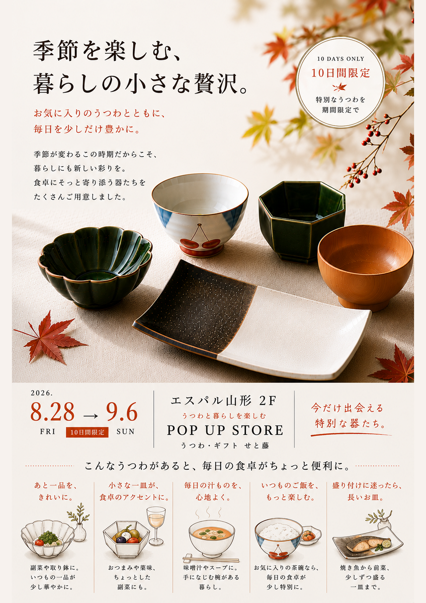 【山形イベント情報8/28-9/6】器ひとつで、食卓が変わる。せと藤の期間限定ショップ開催！